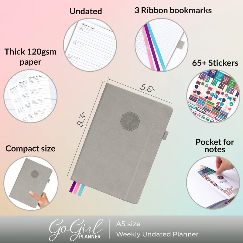 GoGirl Planner and Organizer for Women â€“ A5 Size Weekly Planner, Goals Journal & Agenda to Improve Time Management, Productivity & Live Happier. Undated â€“ Start Anytime, Lasts 1 Year â€“ Gray - Image 2